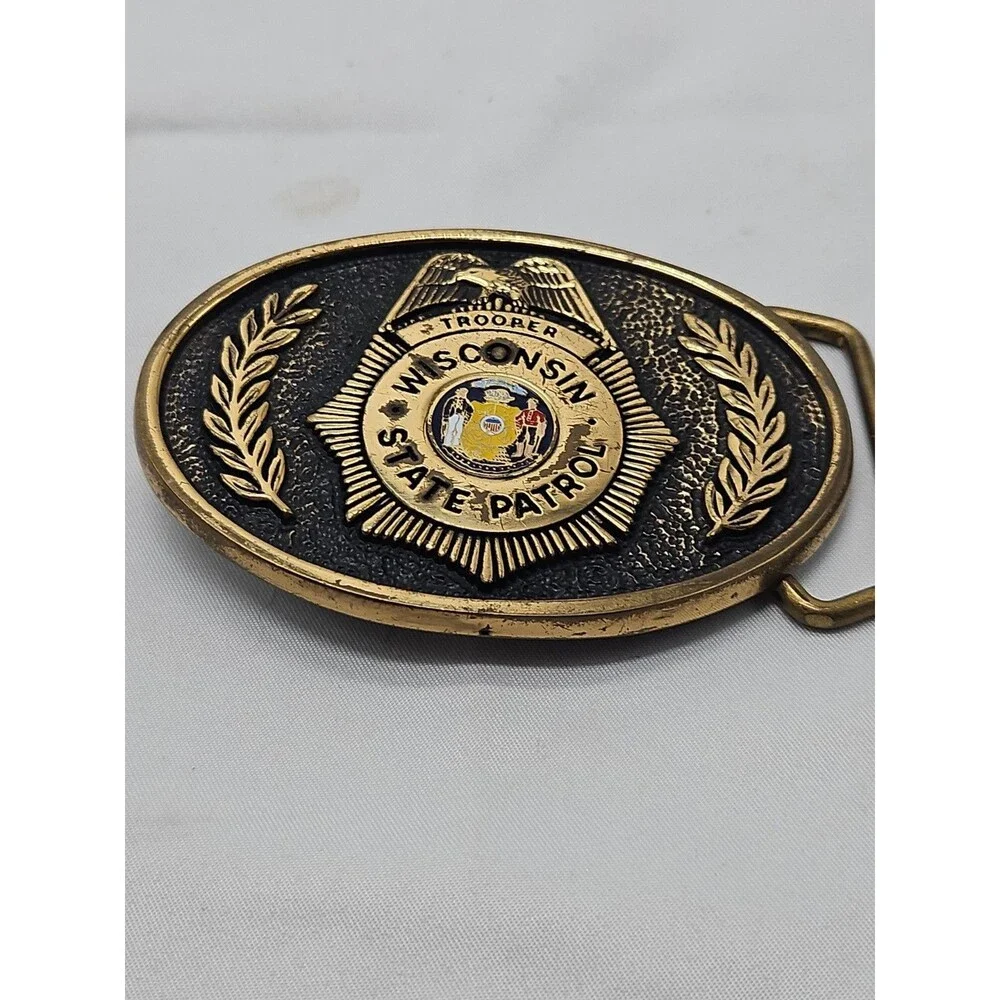 Brass Wisconsin State Patrol Wsp Highway Trooper Police Vintage Belt Buckle